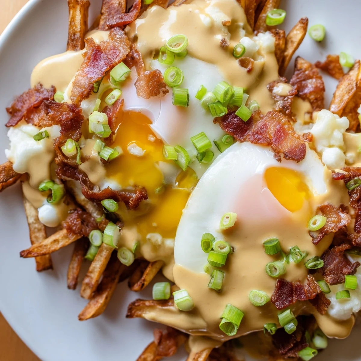 Decadent Ultimate Breakfast Poutine with crispy fries, melty curds, sunny-side-up eggs, and hollandaise sauce served hot.
