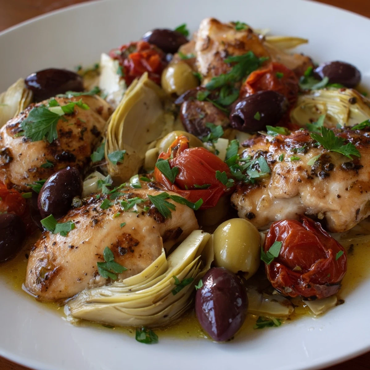 The finished Mediterranean Lemon Chicken with Artichokes and Olives glistening with olive oil and lemon zest, garnished with fresh parsley.