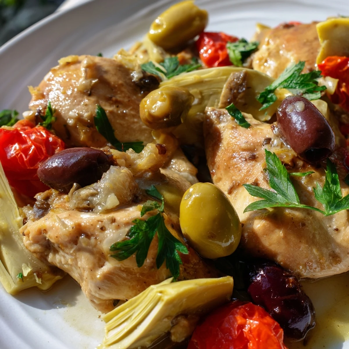 A close-up view of Mediterranean Lemon Chicken with Artichokes and Olives served in a skillet with crusty bread on the side.