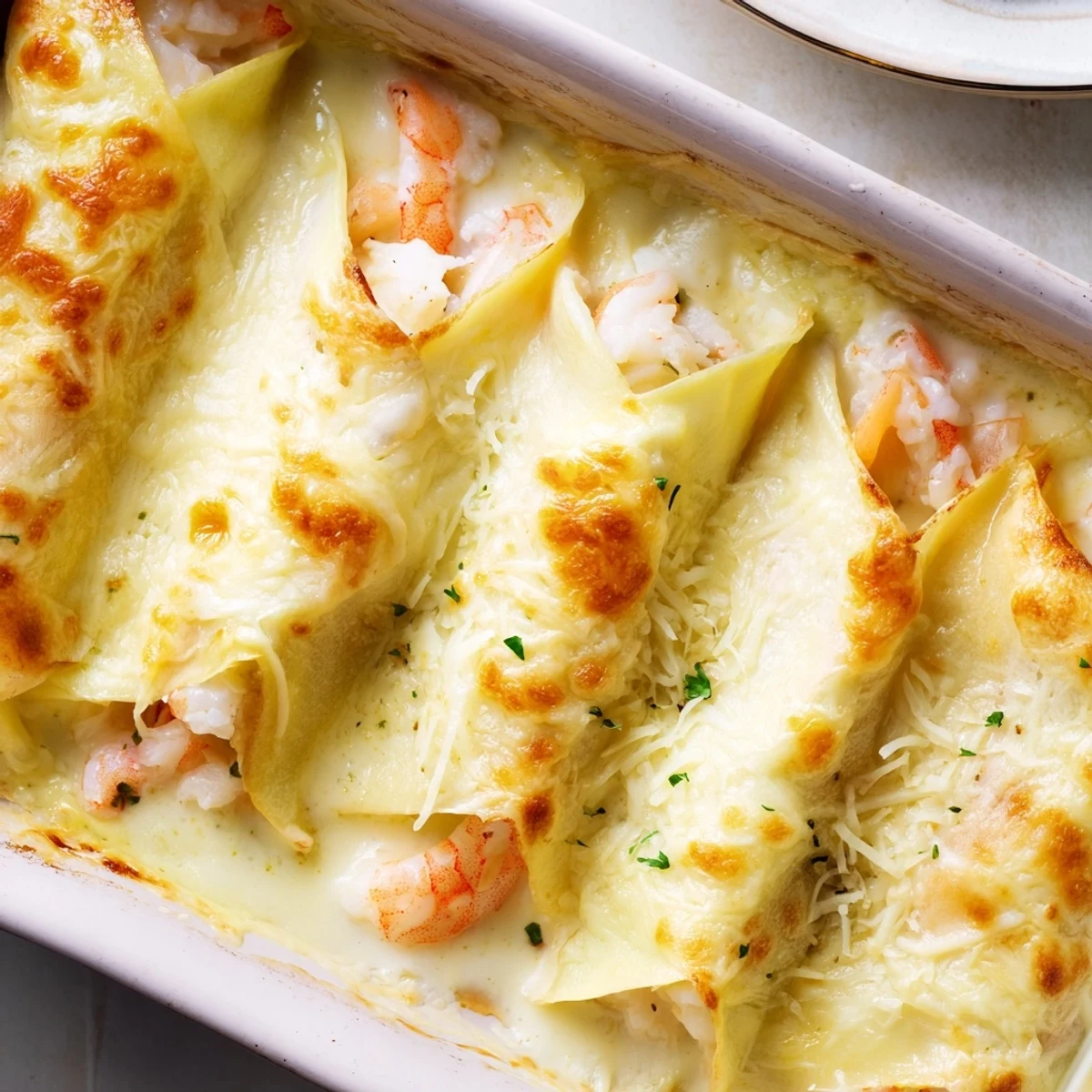 Golden-brown Gourmet Seafood Crêpes with Homemade Béchamel Sauce bubbling in a white ceramic baking dish, garnished with fresh parsley.