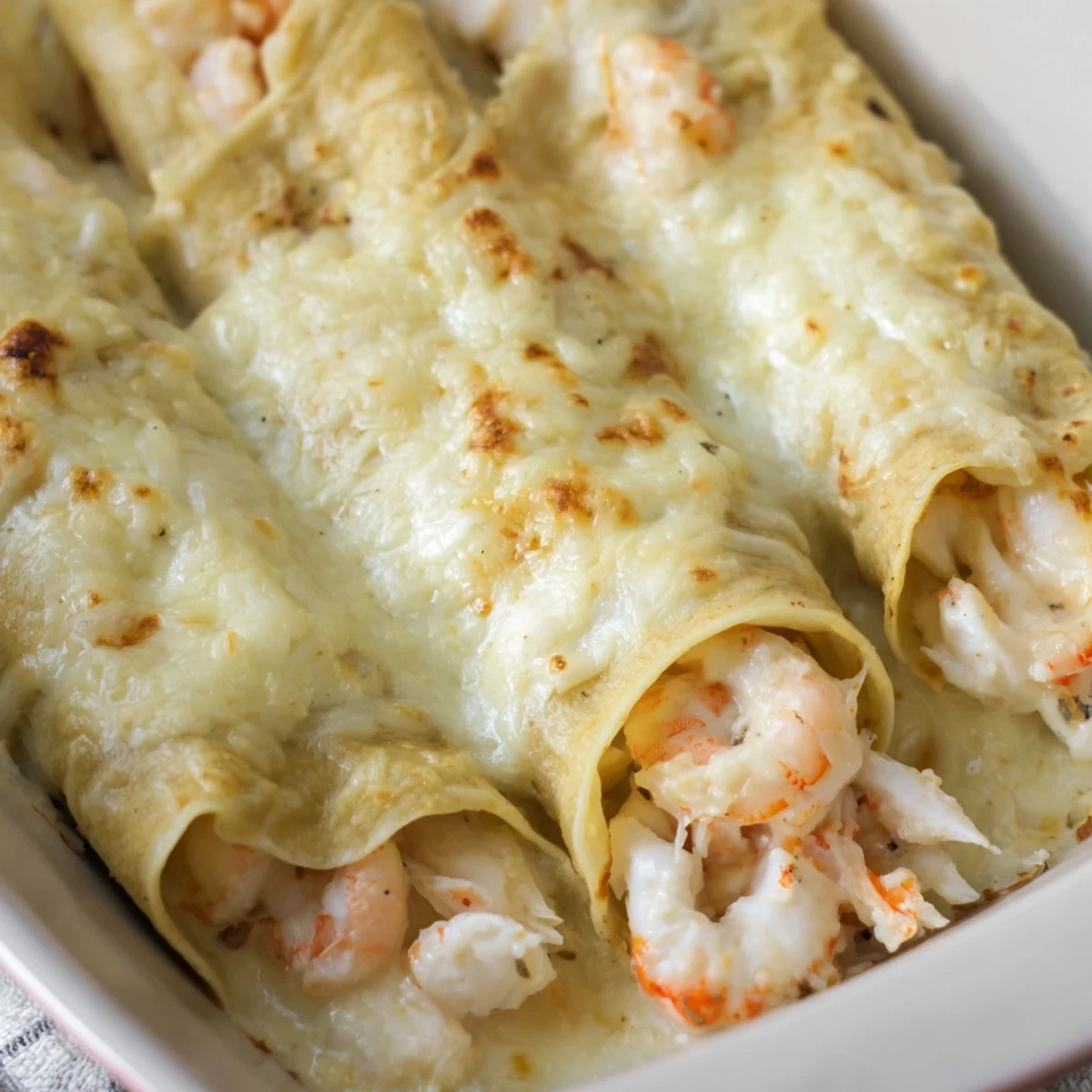 Close-up of rolled Gourmet Seafood Crêpes with Homemade Béchamel Sauce, revealing a creamy shrimp and crab filling on a rustic table.