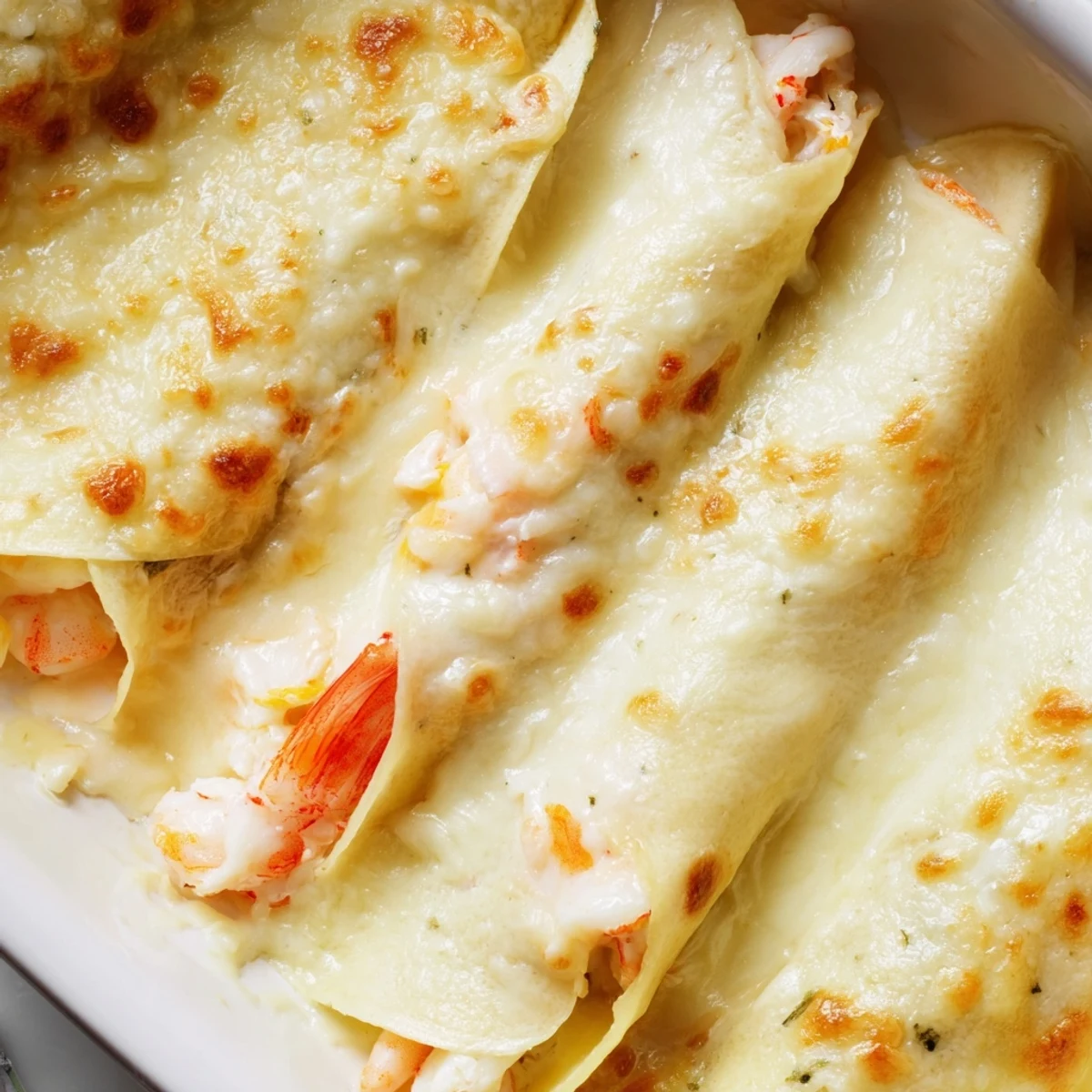 Elegant plating of Gourmet Seafood Crêpes with Homemade Béchamel Sauce served with a glass of white wine for a French dinner.