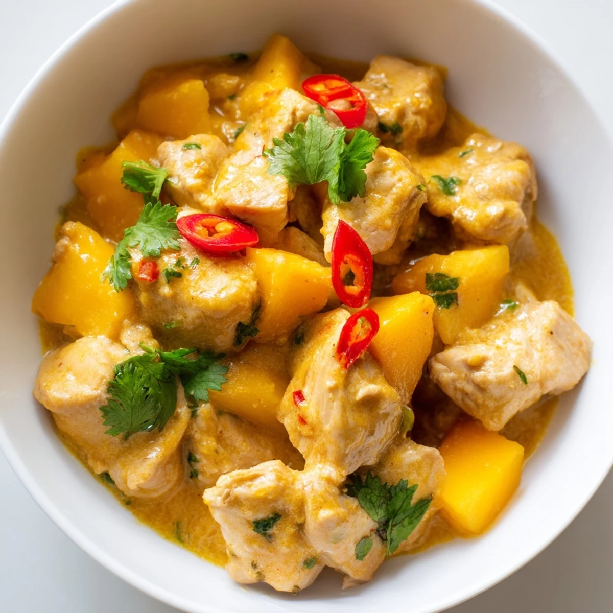 Steaming bowl of Mango Chicken Curry topped with fresh cilantro and sliced red chili.
