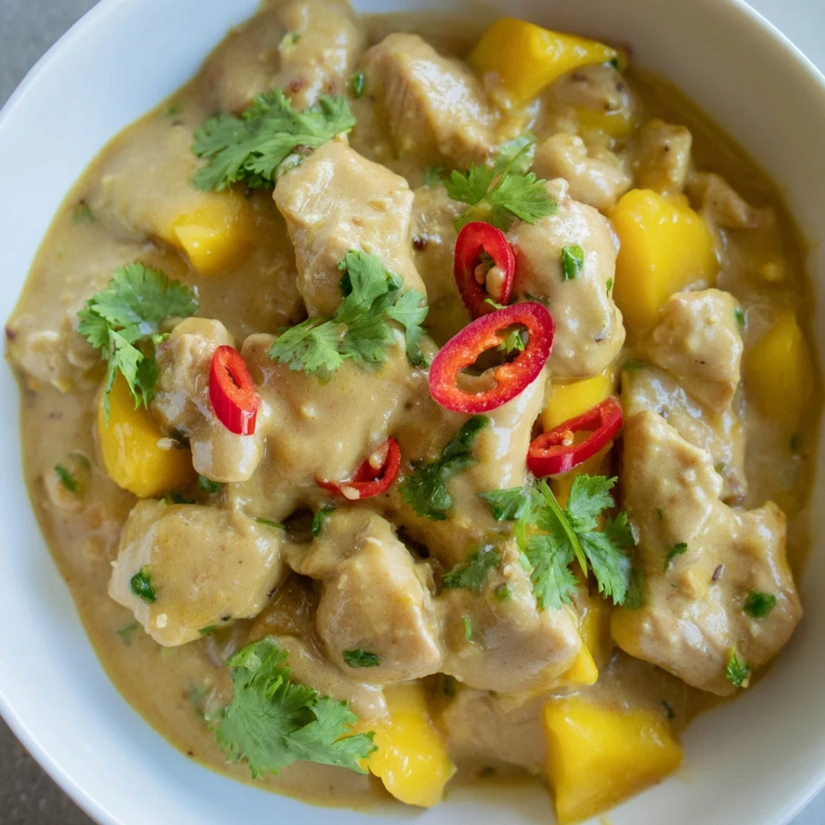 Vibrant platter of Mango Chicken Curry served with fluffy basmati rice and naan bread.