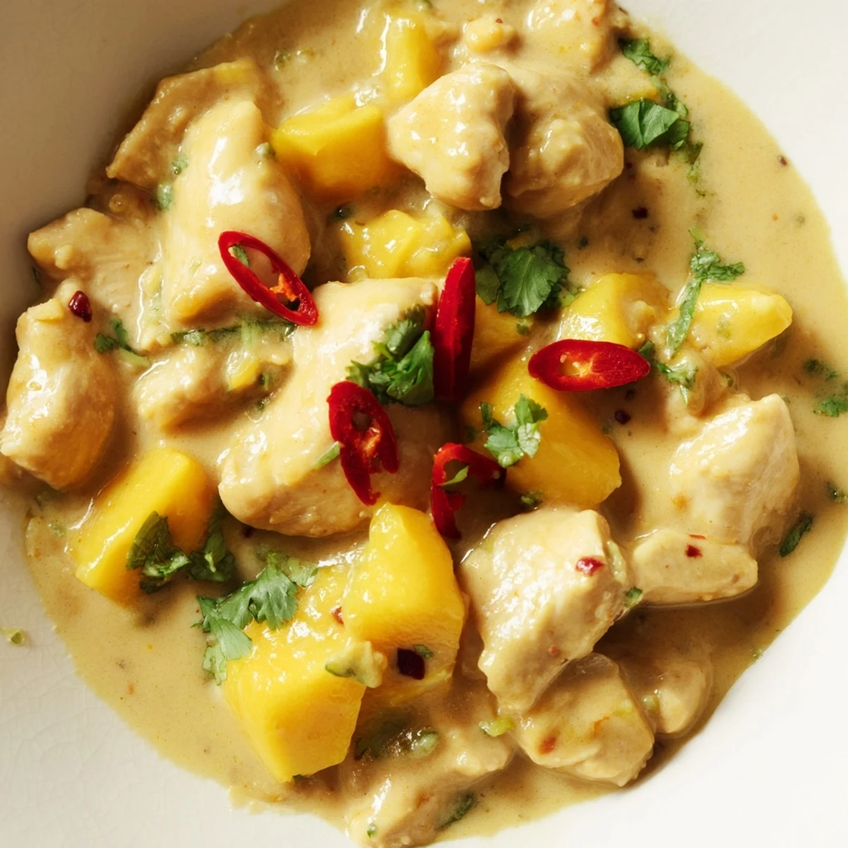 Golden simmering Mango Chicken Curry in a rich mango coconut sauce for dinner.