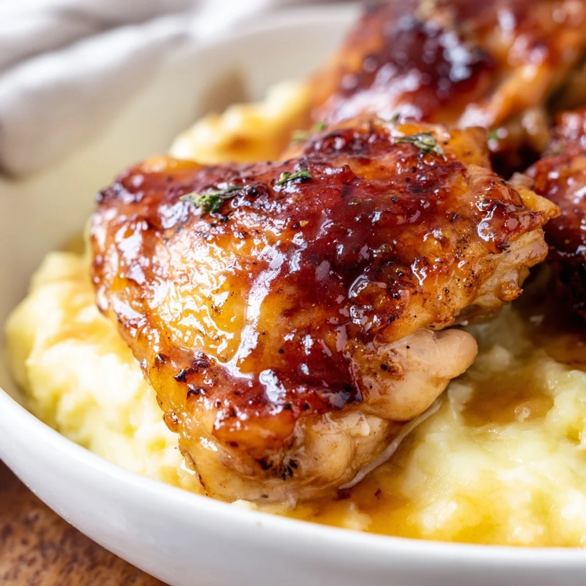 Caramelized chipotle honey chicken thighs with creamy smoked Gouda potatoes, garnished with fresh chives on a rustic plate.