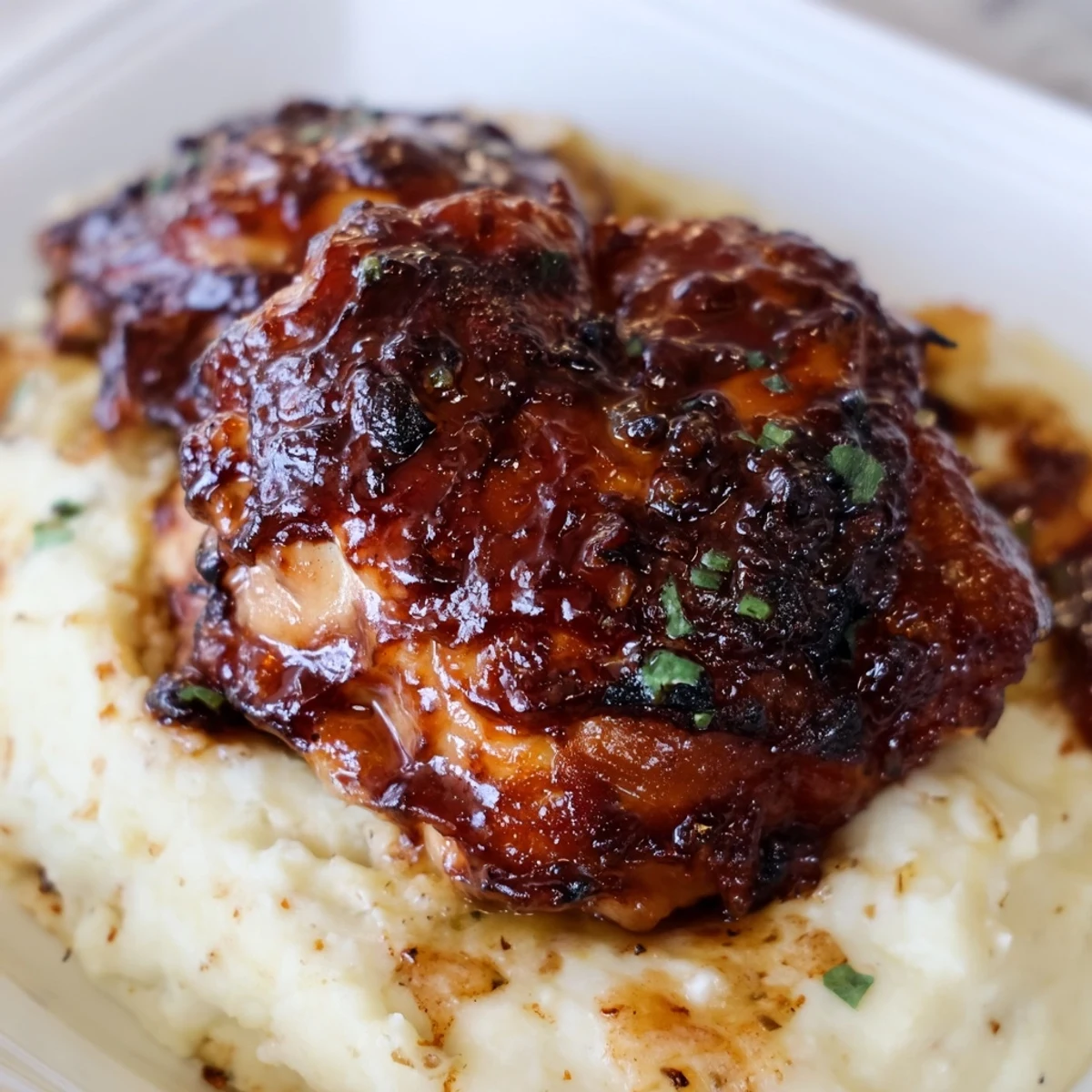 Golden-brown chipotle honey chicken thighs served alongside smooth, cheesy smoked Gouda mashed potatoes on a dinner plate.
