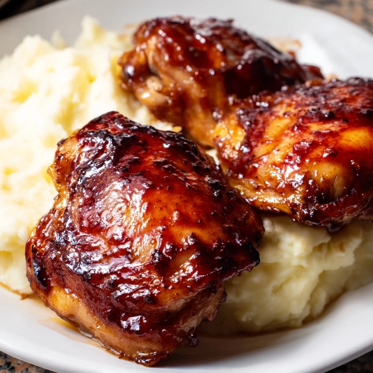 A serving of spicy-sweet chipotle honey chicken thighs next to fluffy, rich smoked Gouda potatoes and a sprinkle of chives.