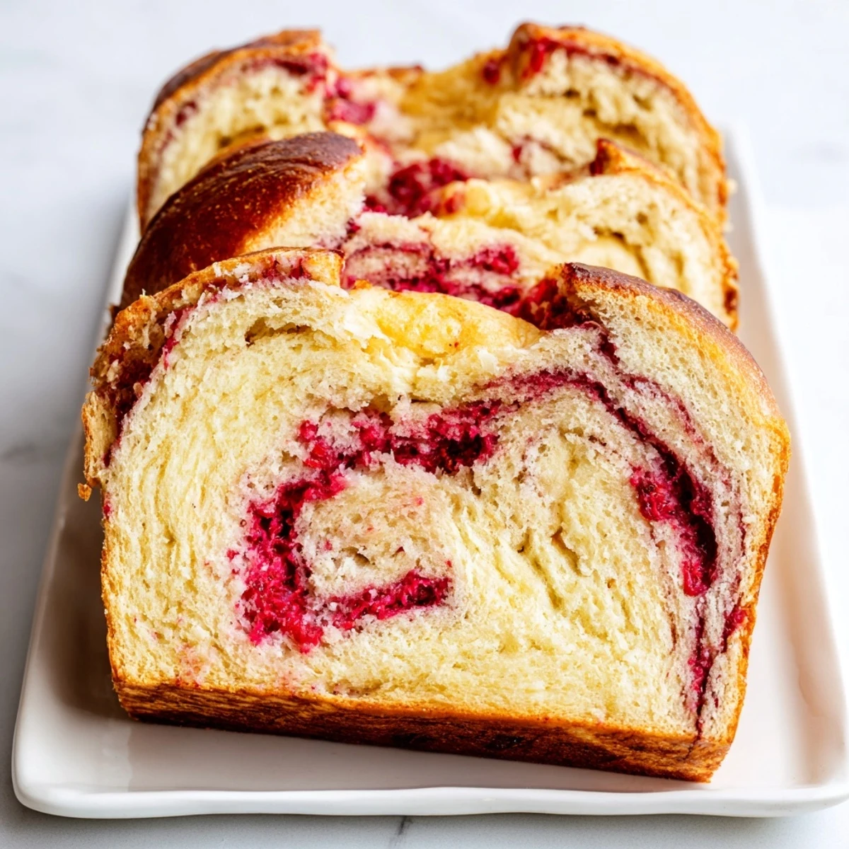 Serving suggestion for Raspberry Swirl Brioche Loaf with butter and coffee on a rustic breakfast table.