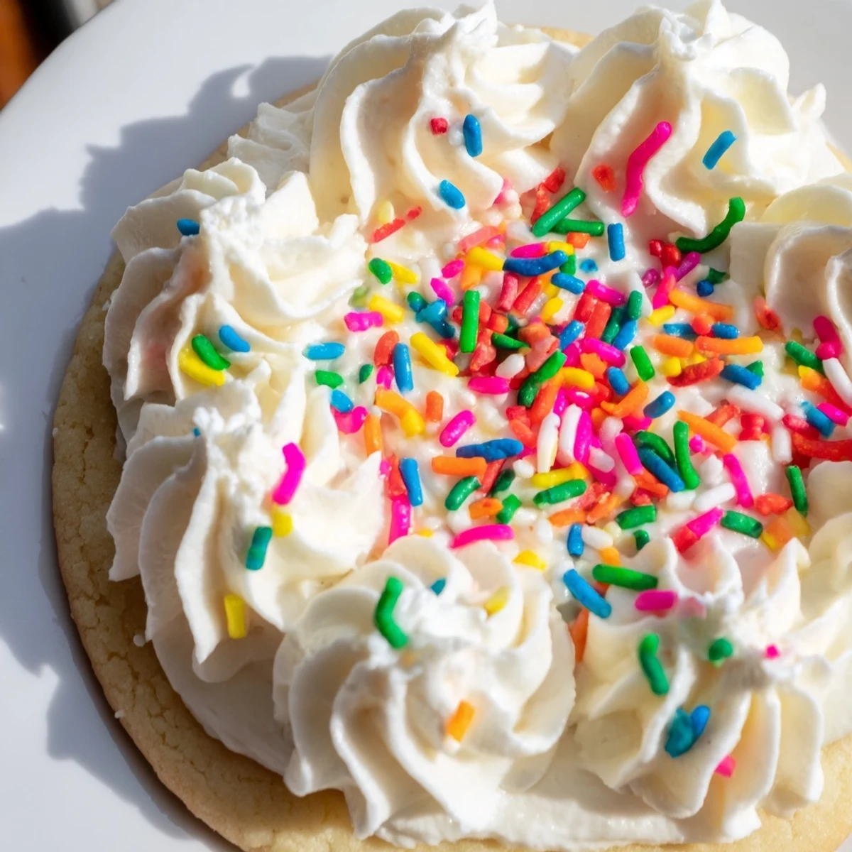 A close-up of soft Walmart-Style Sugar Cookies topped with fluffy buttercream and sprinkles.
