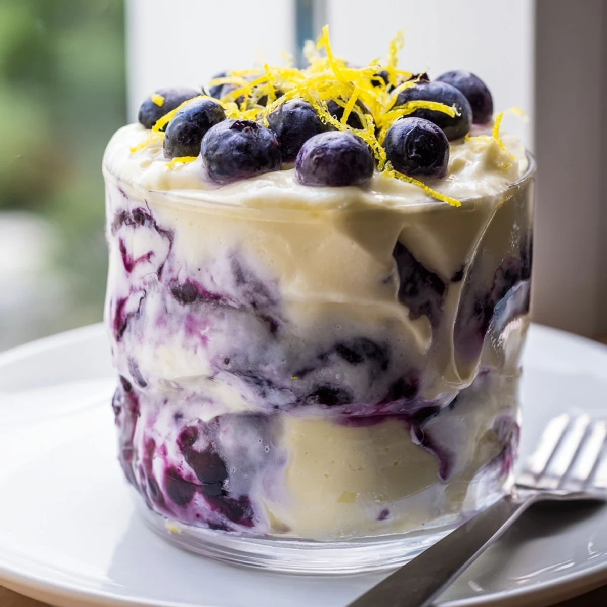 In clear serving glasses, the Lemon Blueberry Mousse reveals blueberry compote layers beneath a fluffy lemon cream.  