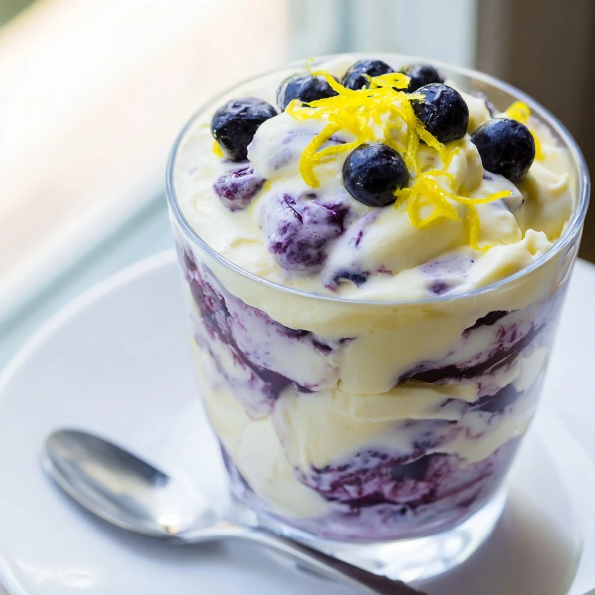 Bright morning light shows the airy texture of Lemon Blueberry Mousse topped with plump blueberries and lemon curls.