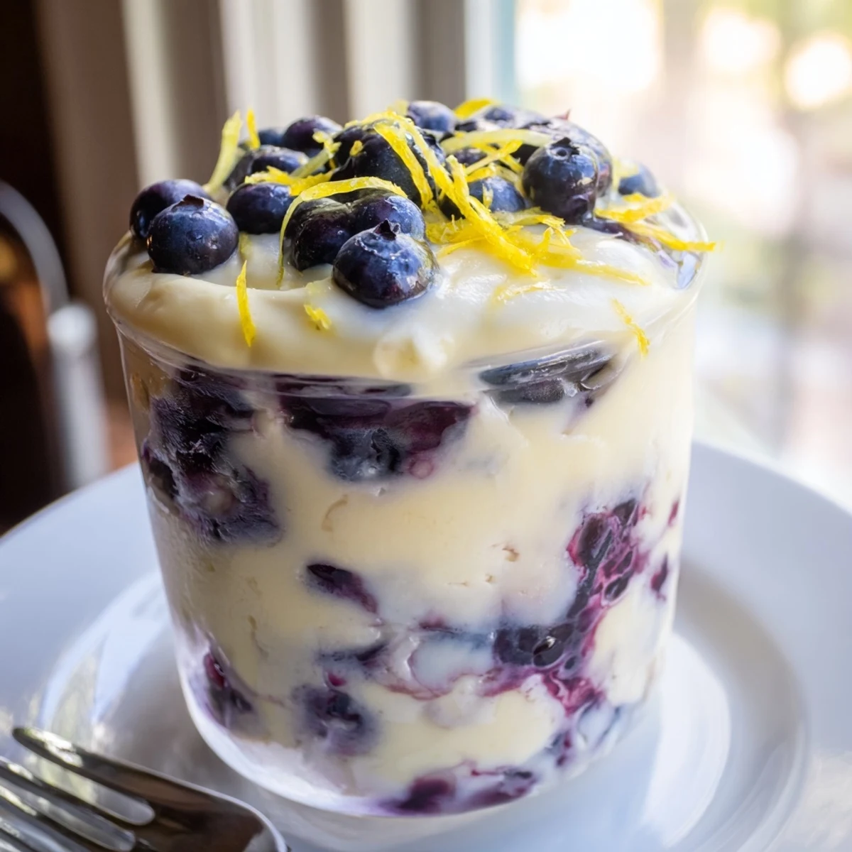 A spoon dips into the creamy Lemon Blueberry Mousse garnished with fresh mint and lemon zest on a rustic table.  
