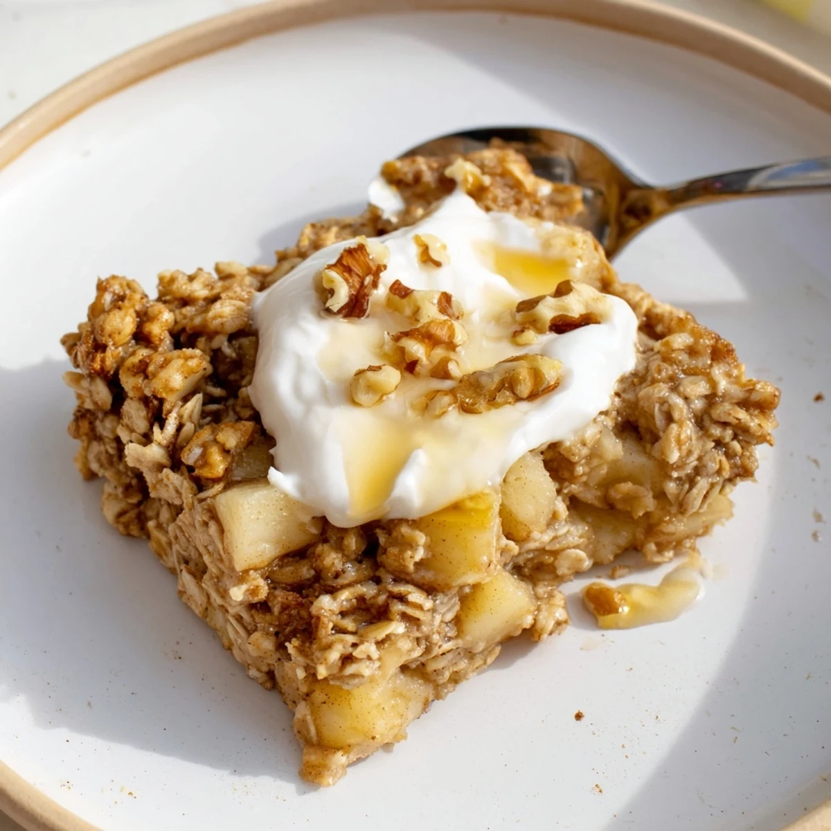 Freshly baked apple oatmeal casserole with warm cinnamon and tender apple pieces, ready to serve for a healthy family breakfast.  