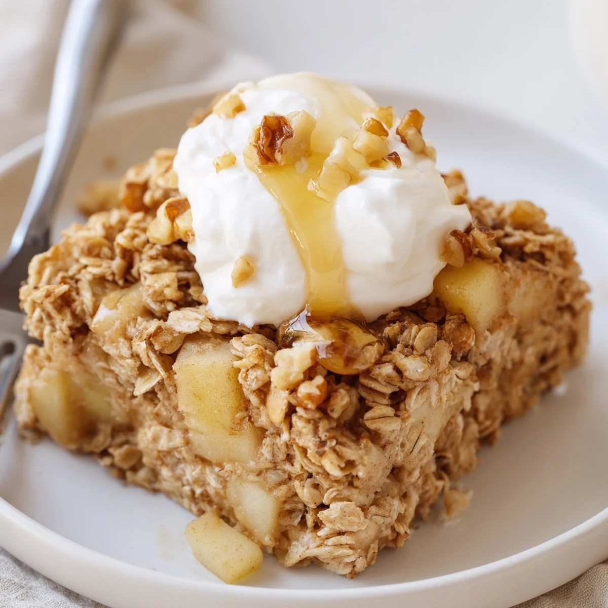 A cozy slice of Baked Apple Oatmeal With Greek Yogurt drizzled with maple syrup beside a hot cup of coffee.