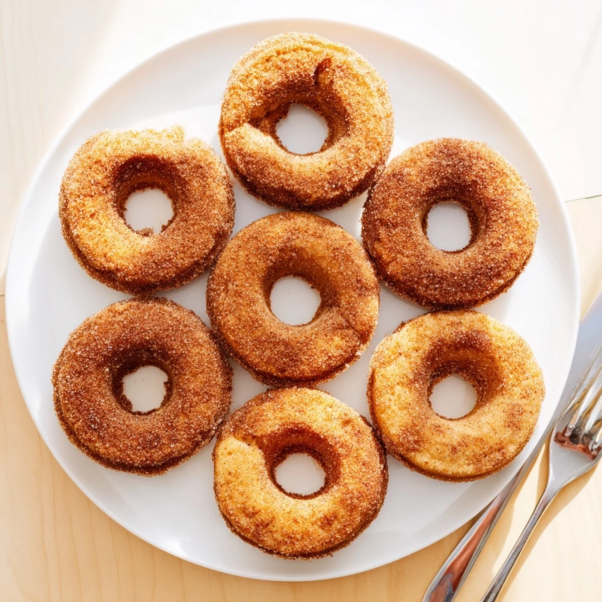 A plate of Delicious Baked Cinnamon Sugar Donuts invites you to savor this soft breakfast treat.