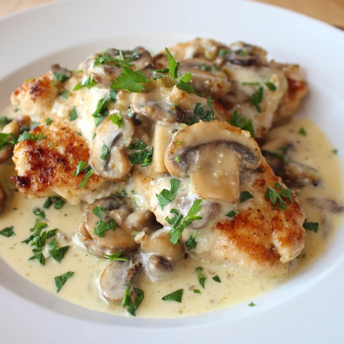 Golden-brown chicken breasts smothered in creamy mushroom asiago chicken sauce, garnished with fresh parsley.
