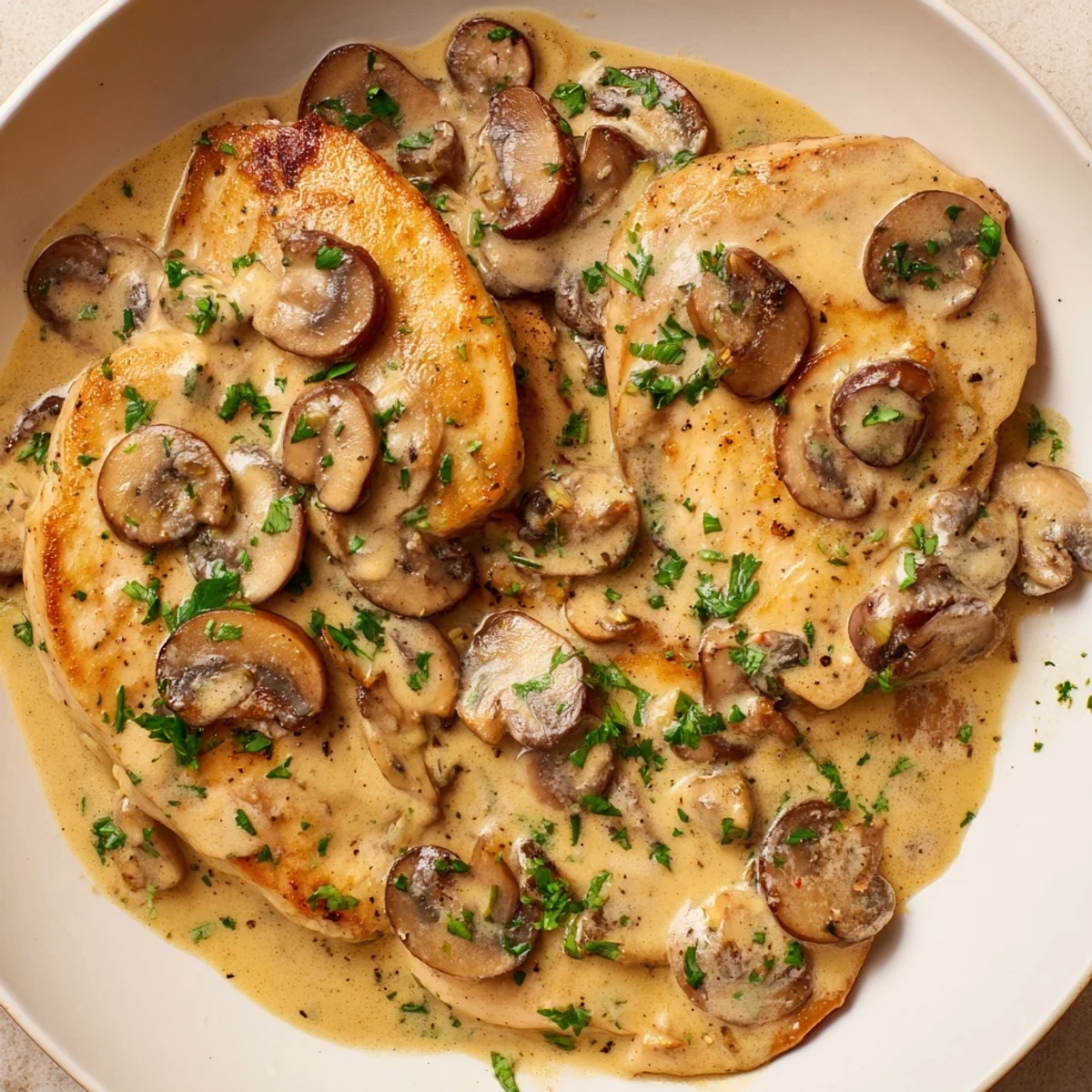 Hearty Mushroom Asiago Chicken plated with steamed green beans and a white wine sauce drizzle.