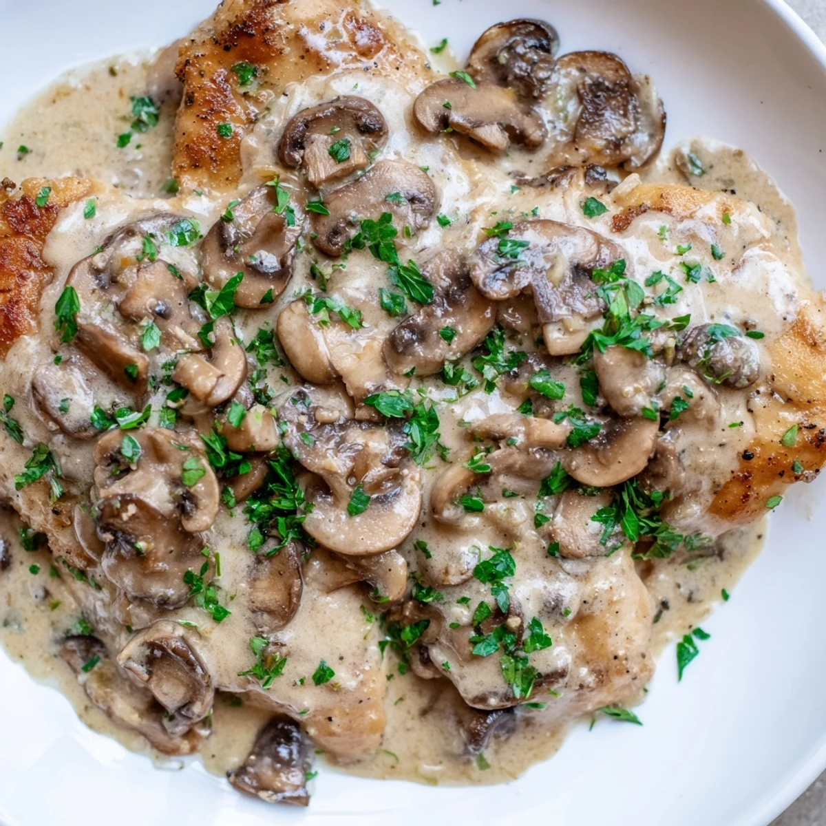 A close-up of Mushroom Asiago Chicken served over pasta with melted Asiago and sautéed mushrooms.