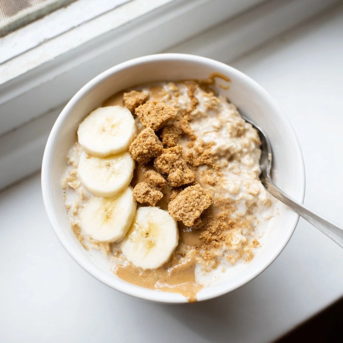 Overhead view of Quick Biscoff Overnight Oats in a blue bowl, ready to serve with a side of coffee and a sprinkle of crumbs.