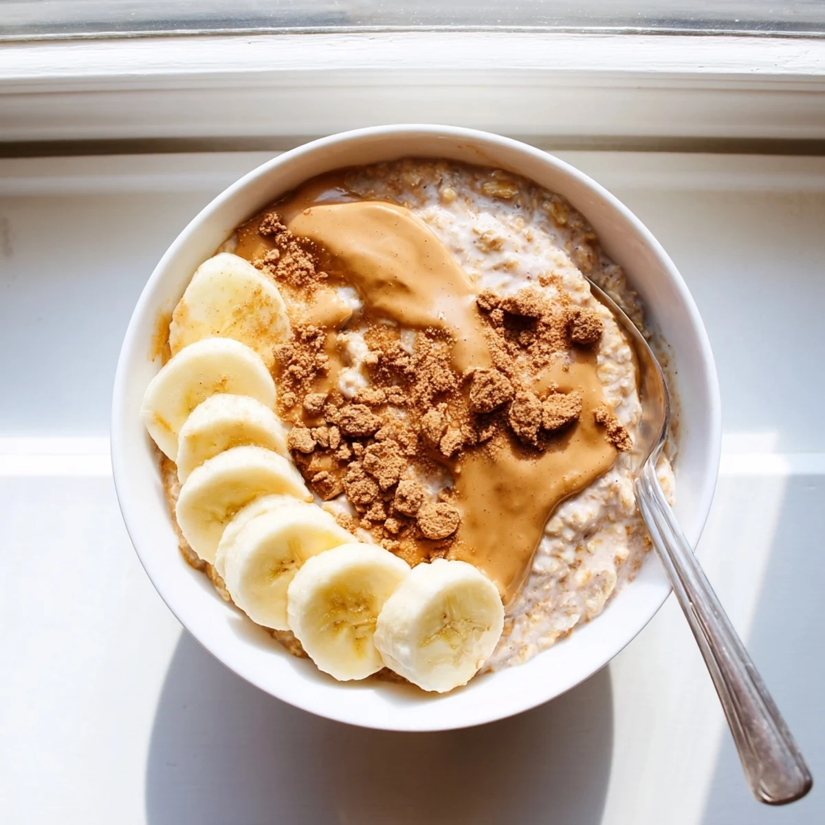 A spoon diving into a creamy jar of Quick Biscoff Overnight Oats, with a drizzle of melted Biscoff spread and berries nearby.
