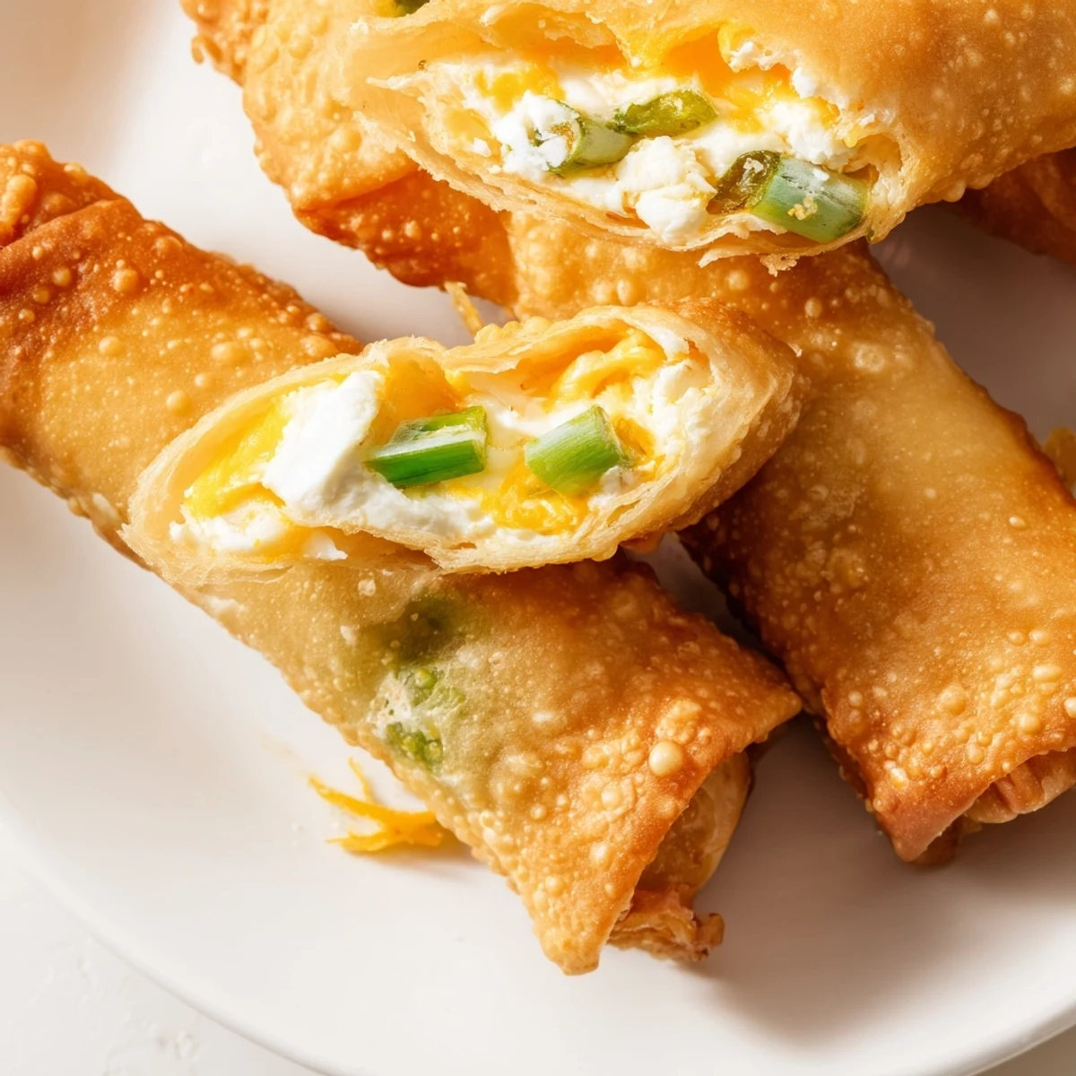 Golden brown Mini Jalapeño Popper Egg Rolls displayed on a white plate, with a side of creamy dipping sauce.