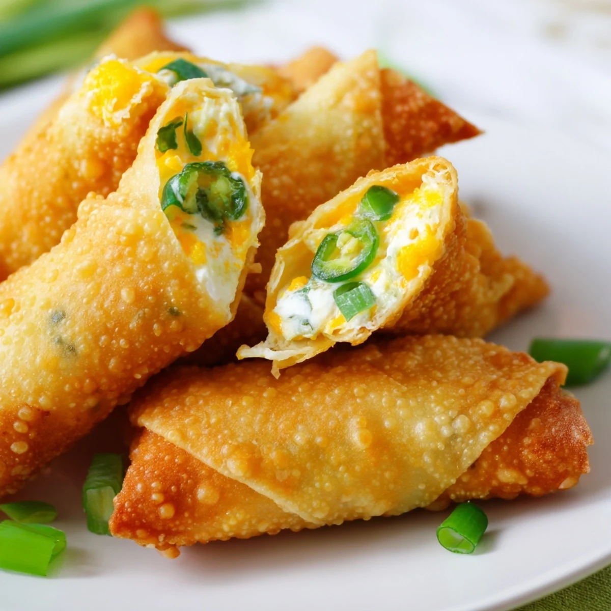A close-up of Mini Jalapeño Popper Egg Rolls cut open to reveal the melted cheesy, spicy filling.