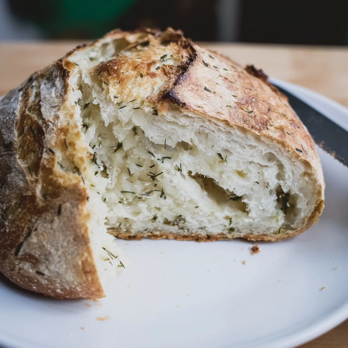Warm No Knead Dill Gouda Artisan Bread on a wooden cutting board, featuring a cracked golden crust and fragrant fresh dill throughout the dough.