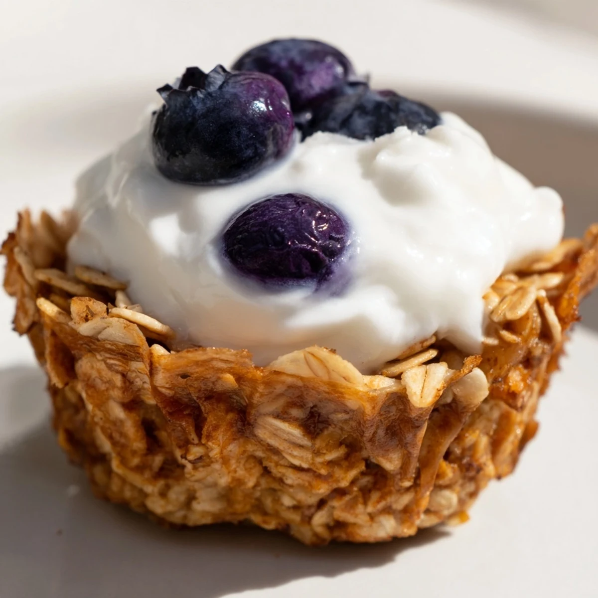 Golden-brown baked oatmeal cups with Greek yogurt topping, fresh berries, and a drizzle of honey on a white plate for a healthy American breakfast.