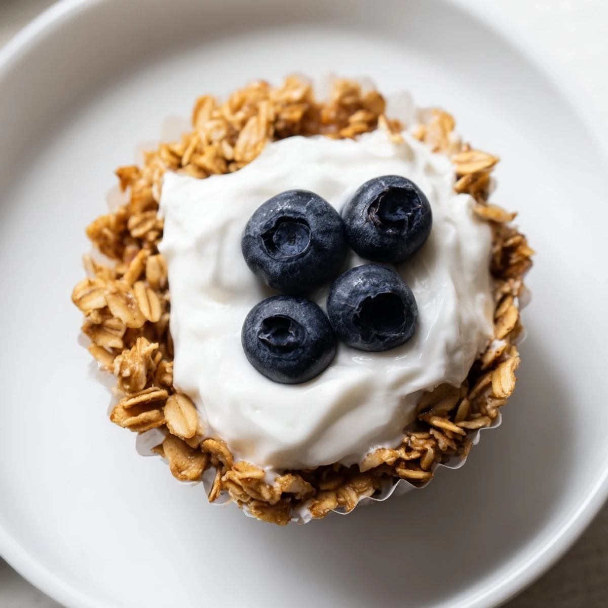 Warm oatmeal cups topped with Greek yogurt and sliced strawberries, presented on a blue ceramic plate for a wholesome morning treat.