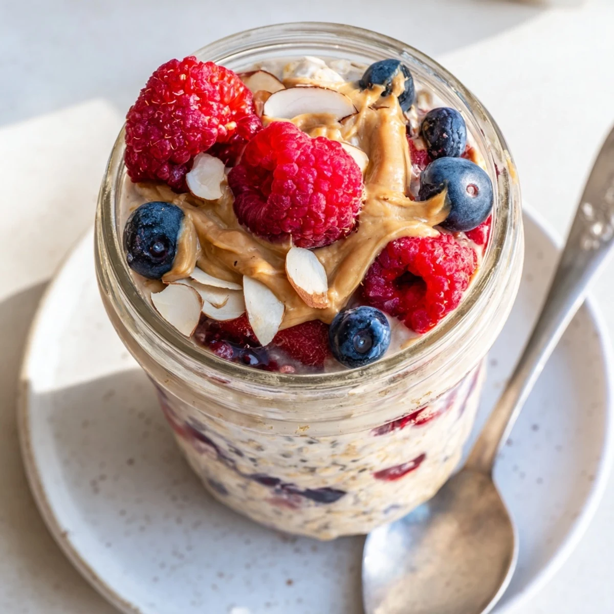 Thick rolled oats and almond butter swirl around fresh berries in this chilled Berry Overnight Oats with Almond Butter.