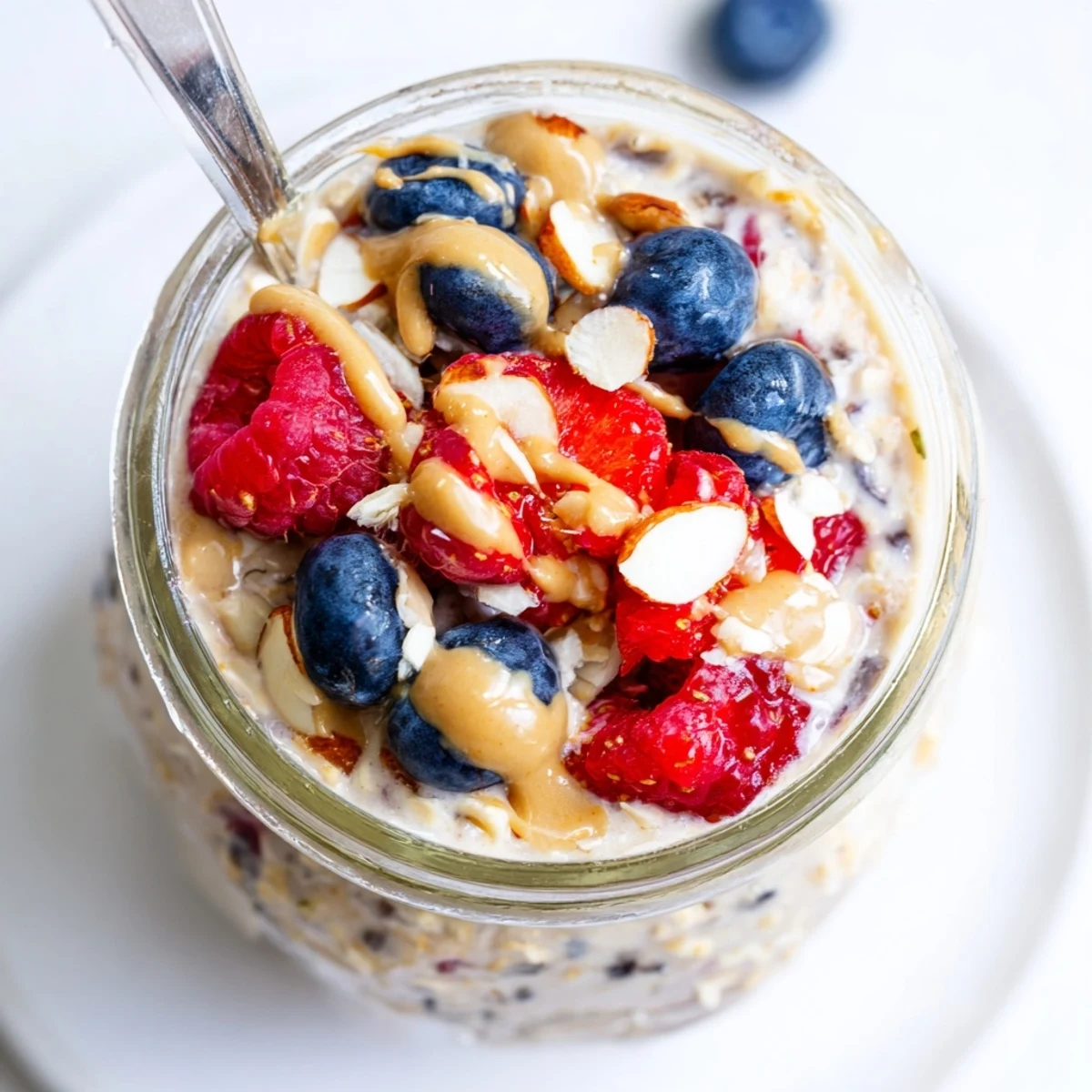 A spoon shows the creamy texture of Berry Overnight Oats with Almond Butter layered with chia seeds and sliced almonds.