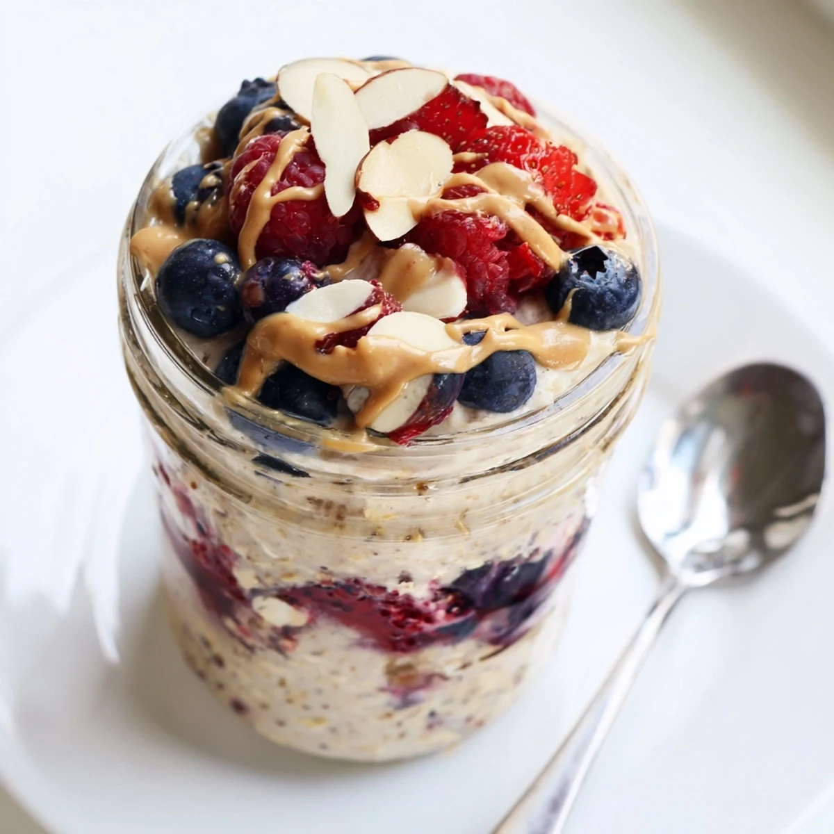 Mason jars display a hearty serving of Berry Overnight Oats with Almond Butter topped with blueberries and a maple drizzle.