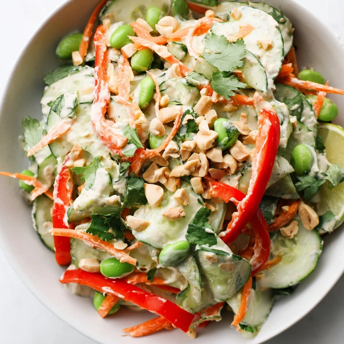 Serving suggestion for Creamy Asian Cucumber Bowl featuring a refreshing salad topped with toasted sesame seeds and chopped roasted peanuts.