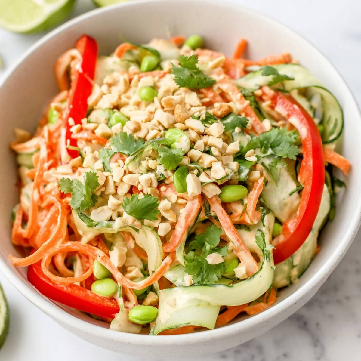 Two chilled bowls of Creamy Asian Cucumber Bowl garnished with fresh cilantro and lime wedges, ready for a light vegetarian lunch.