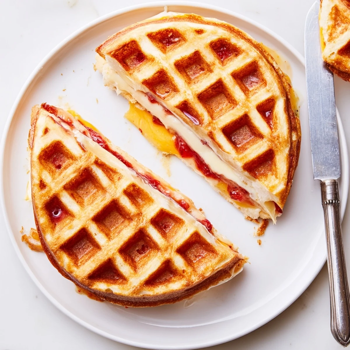 Golden Sweet Waffle Grilled Cheese sandwiches with melted cheddar and fruit preserves on a plate.