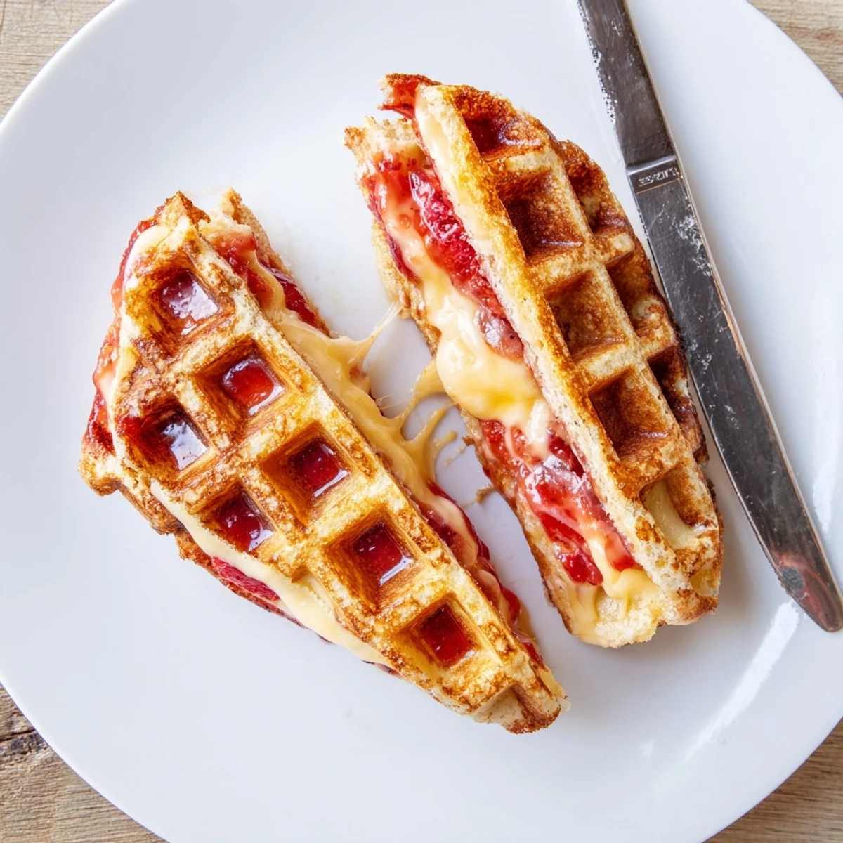 A close-up shows buttery, crispy waffle edges and gooey cheese oozing between layers.