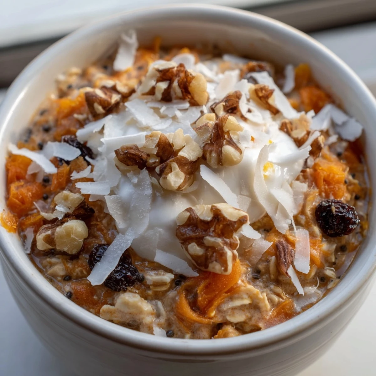 Creamy overnight oats infused with carrot cake spices, topped with walnuts and shredded coconut for a hearty breakfast.