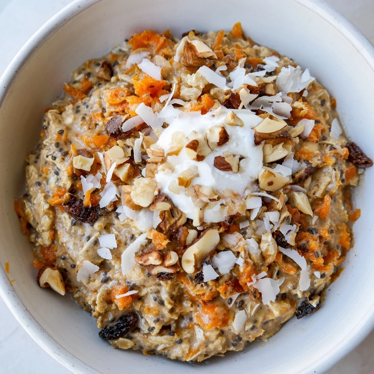 Overnight chilled Carrot Cake Overnight Oats in a jar with creamy yogurt and sweet raisins visible.