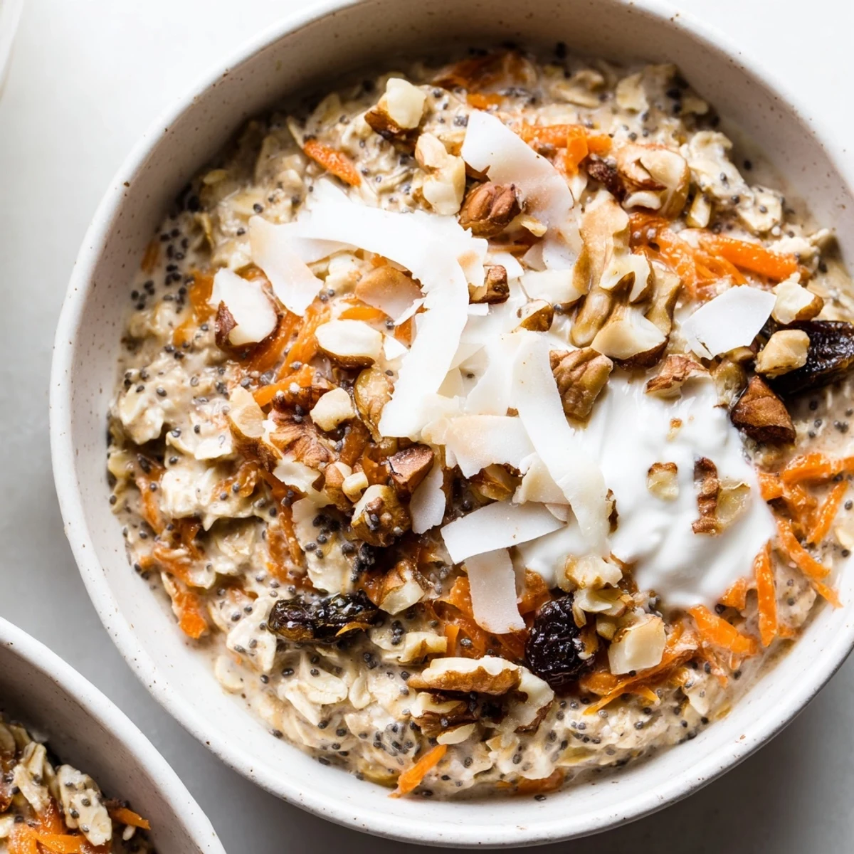 A bowl of Carrot Cake Overnight Oats featuring grated carrots, crunchy nuts, and a drizzle of maple syrup.