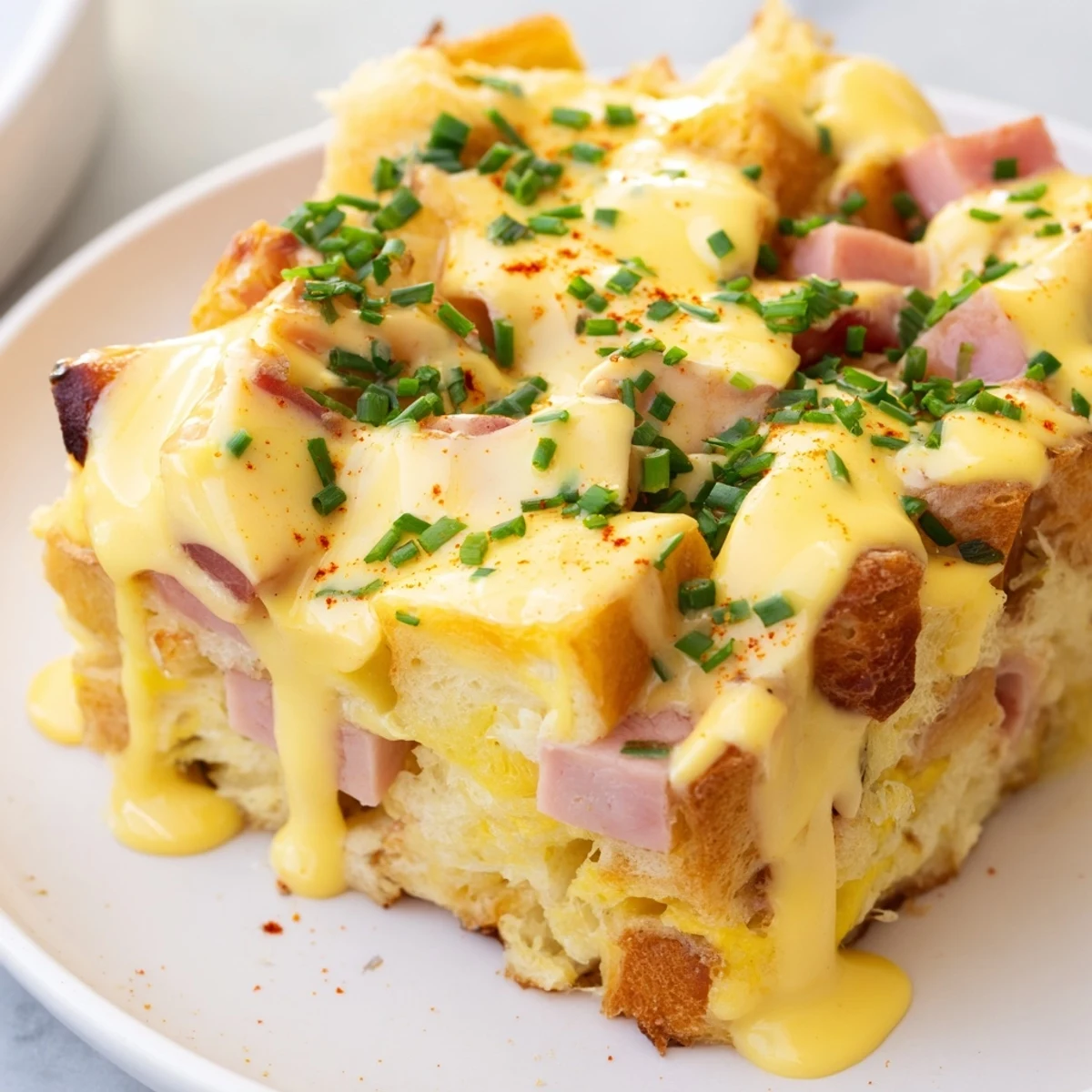 A warm slice of Overnight Eggs Benedict Casserole topped with silky Hollandaise and fresh chives on a plate.
