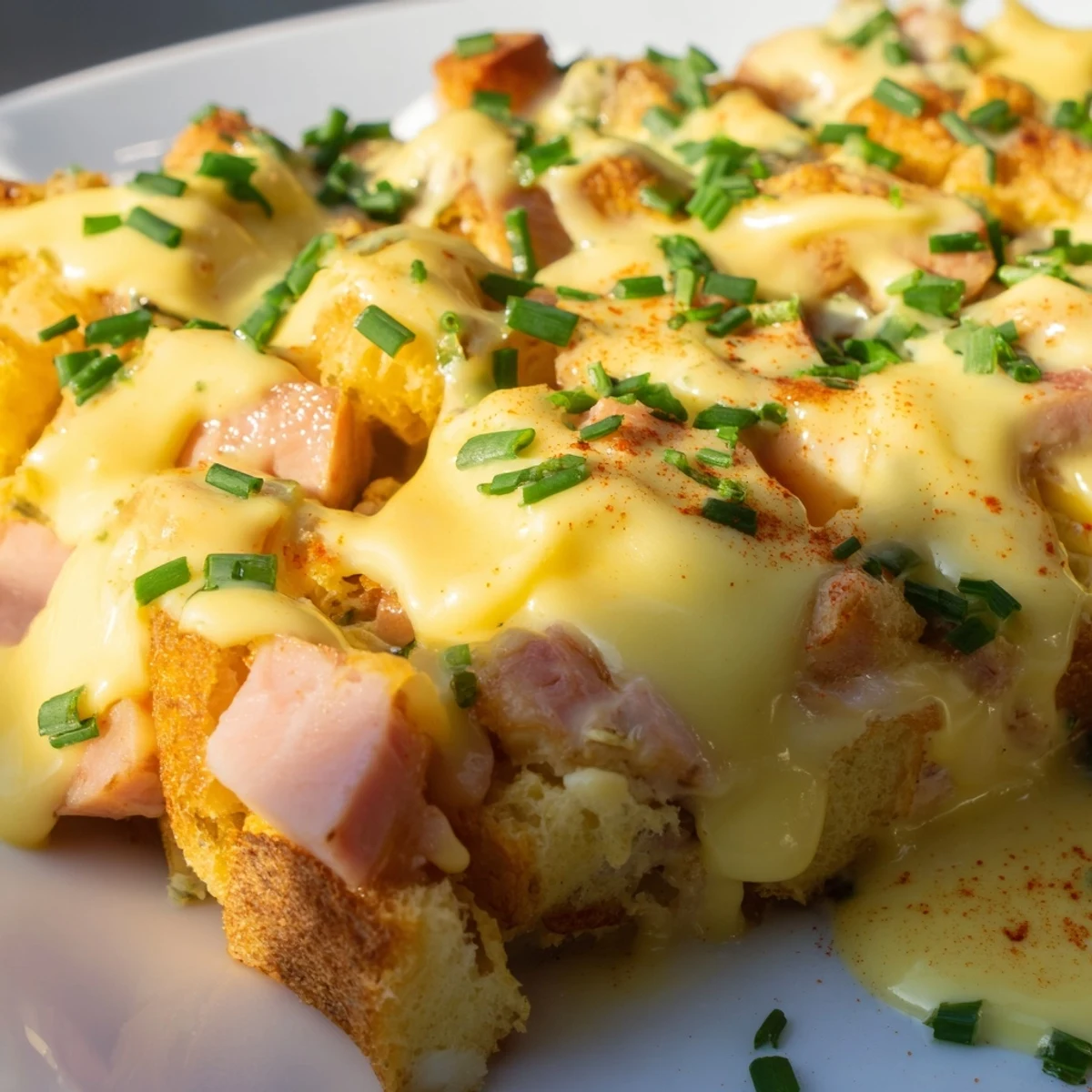 This golden-brown Overnight Eggs Benedict Casserole features layers of English muffins and Canadian bacon, perfect for brunch.