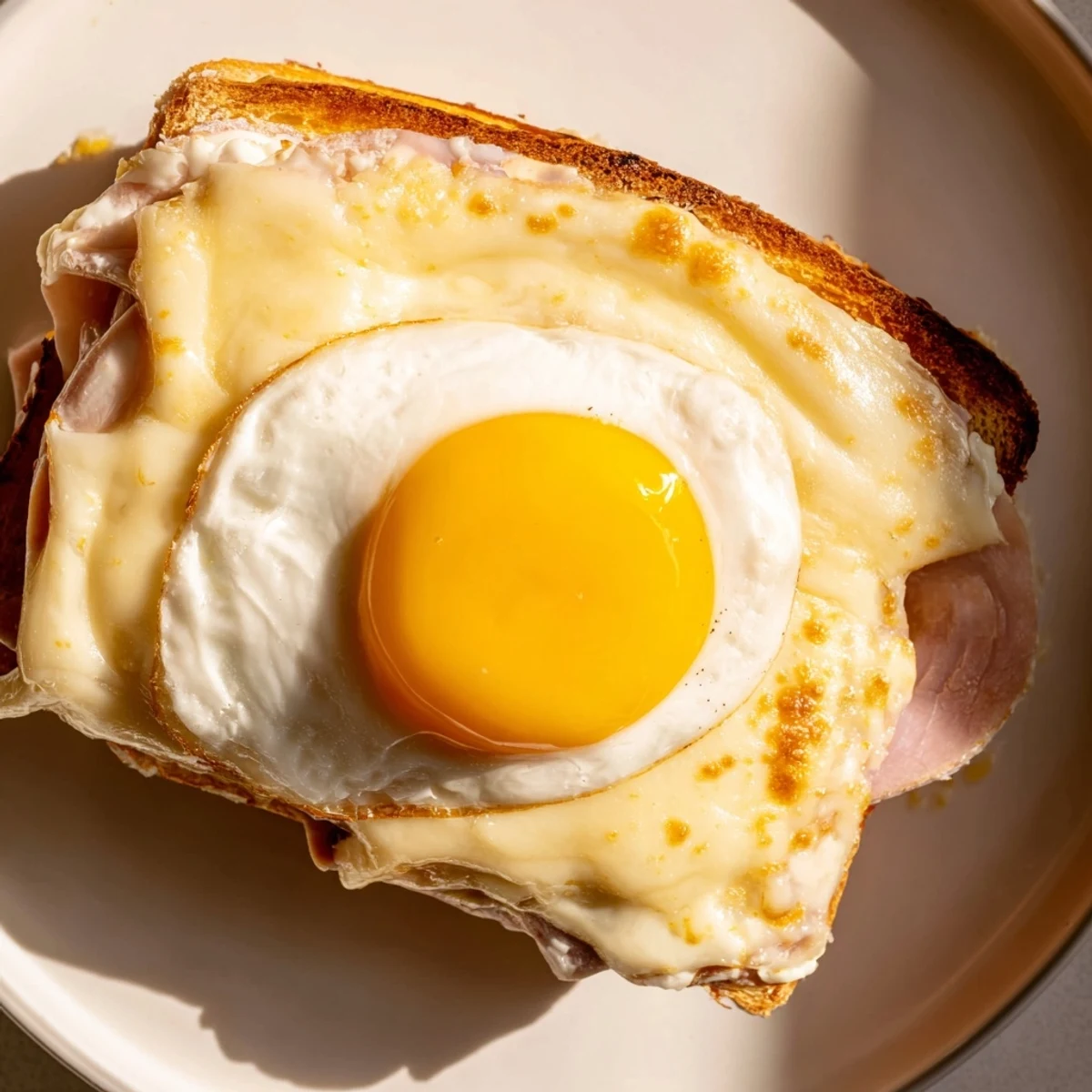 Freshly baked Croque Madame sandwich with melted Gruyère cheese and ham, served with a green salad on the side.