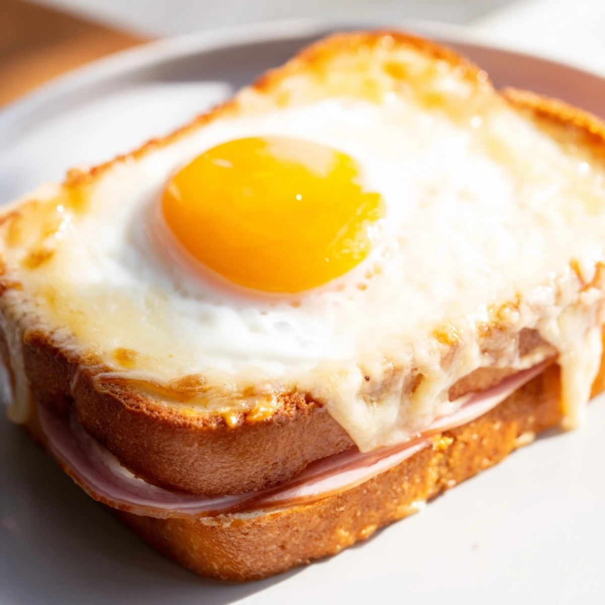 Golden toasted Croque Madame sandwiches topped with a sunny-side-up egg and creamy béchamel sauce on a plate.