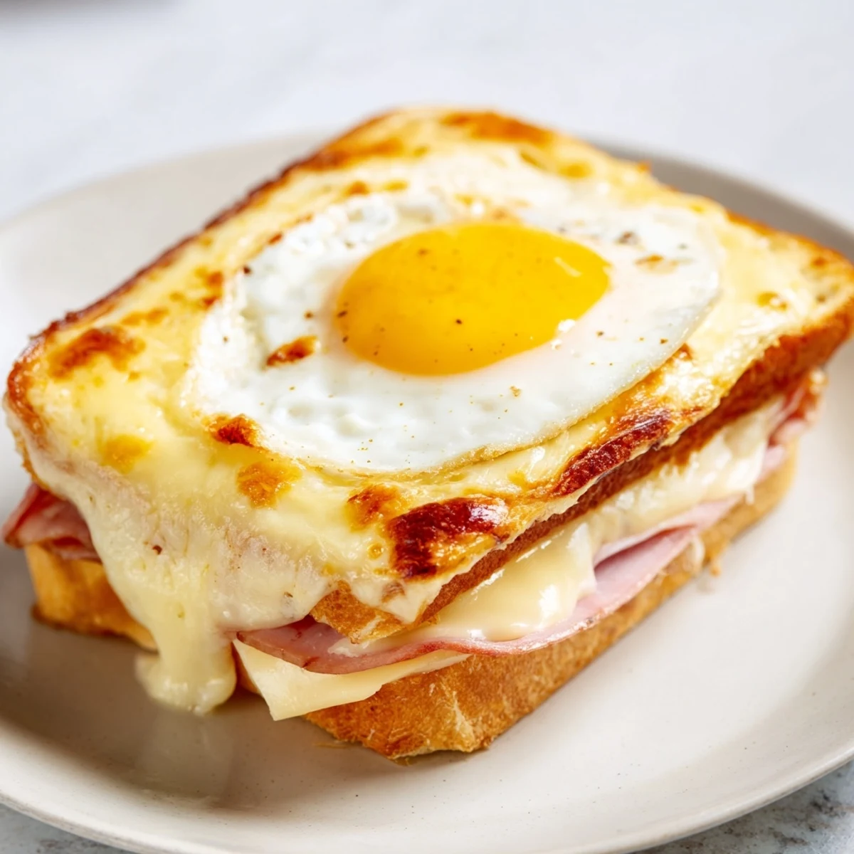 Warm Croque Madame plated with a runny yolk egg, crispy edges, and a side of Dijon mustard for dipping.