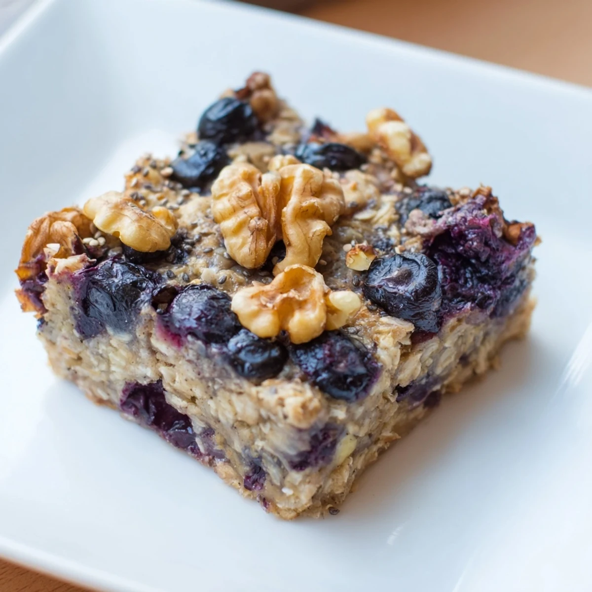A close-up of High Protein Banana Blueberry Breakfast Bake studded with juicy blueberries and ripe banana pieces.