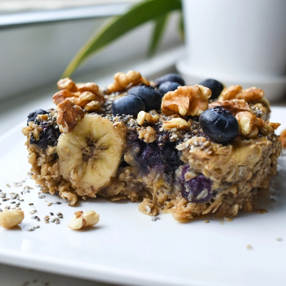 Sliced portion of High Protein Banana Blueberry Breakfast Bake on a plate, ready to enjoy for a healthy breakfast.