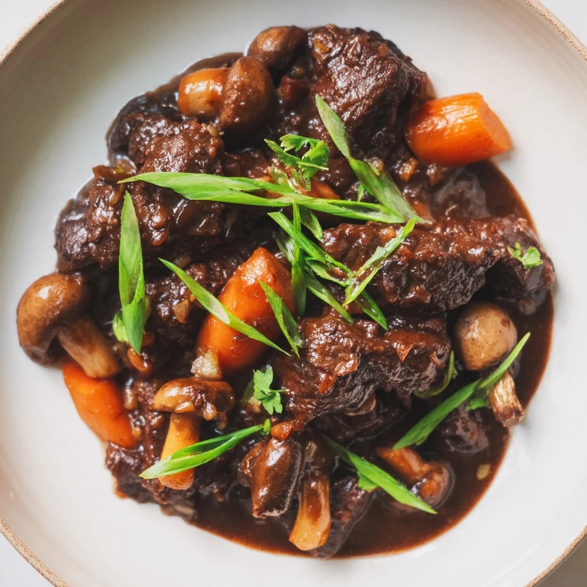 Slow-cooked Asian Style Slow Cooked Beef Cheeks With Mushrooms, tender meat in a rich, savory sauce alongside sautéed mushrooms and carrots for a comforting meal.