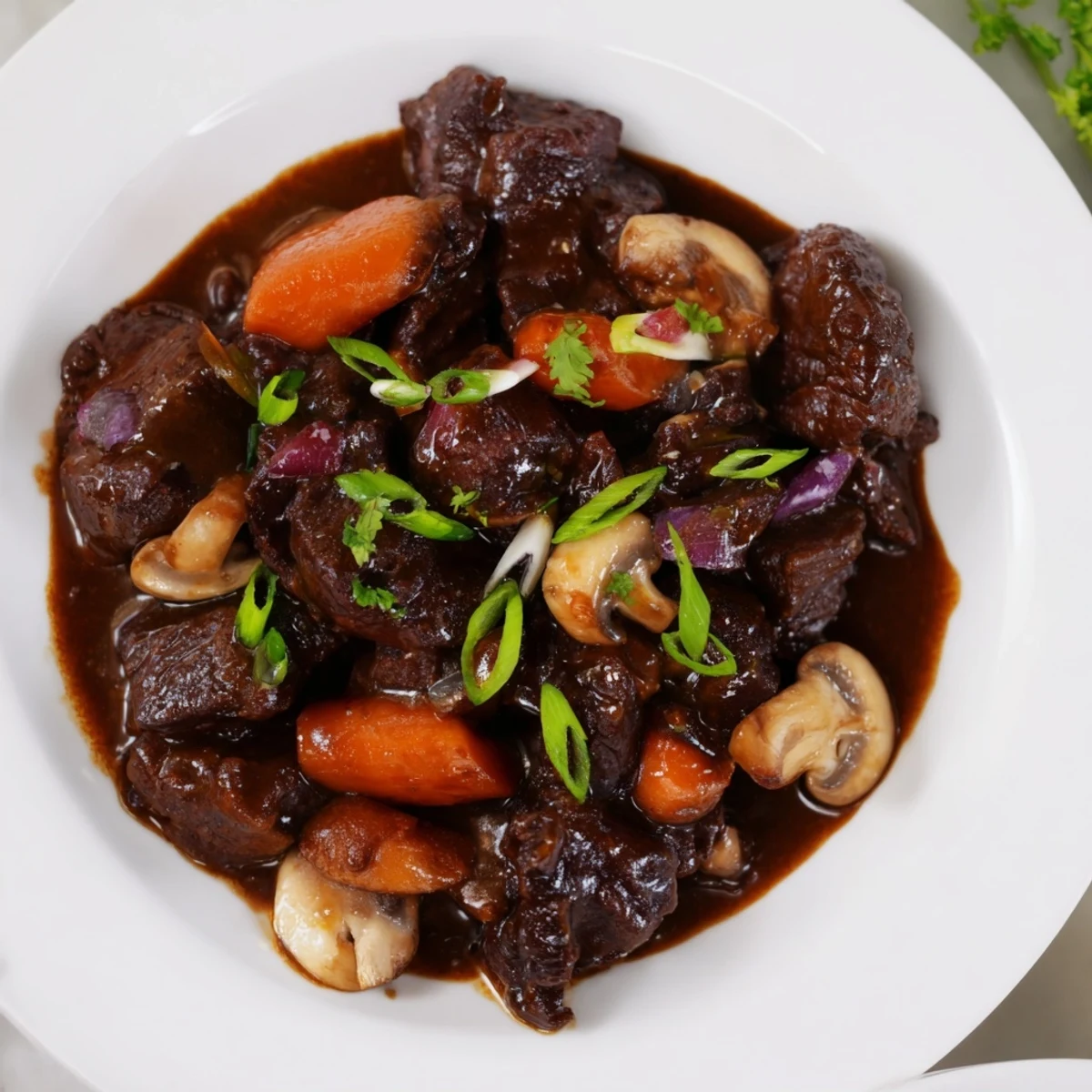 A steaming bowl of Asian Style Slow Cooked Beef Cheeks With Mushrooms, featuring glossy braised beef and earthy mushrooms, ready to be served with jasmine rice.