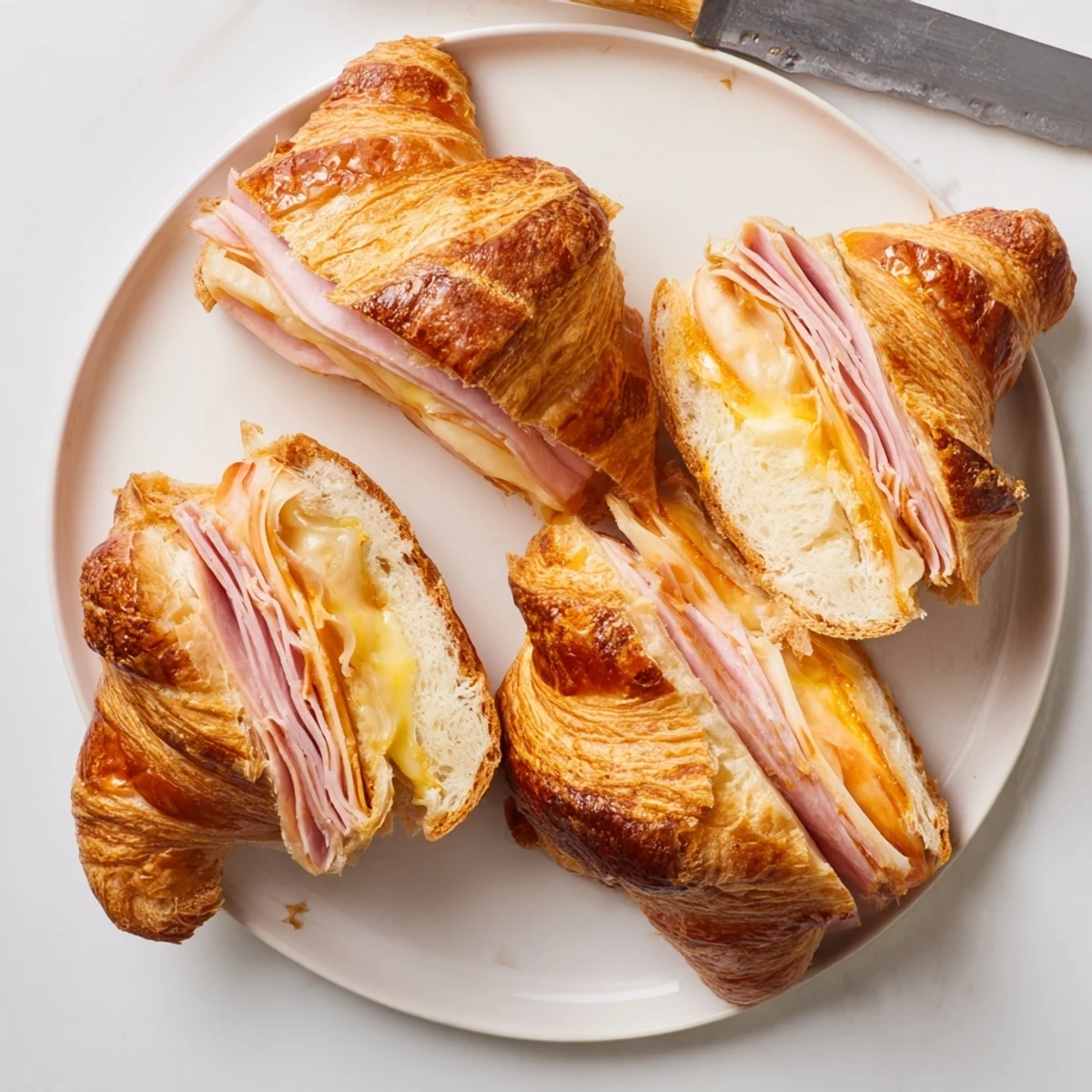 Warm Ham and Cheese Croissant on a plate with melted cheese peeking out of a flaky, golden-brown crust.